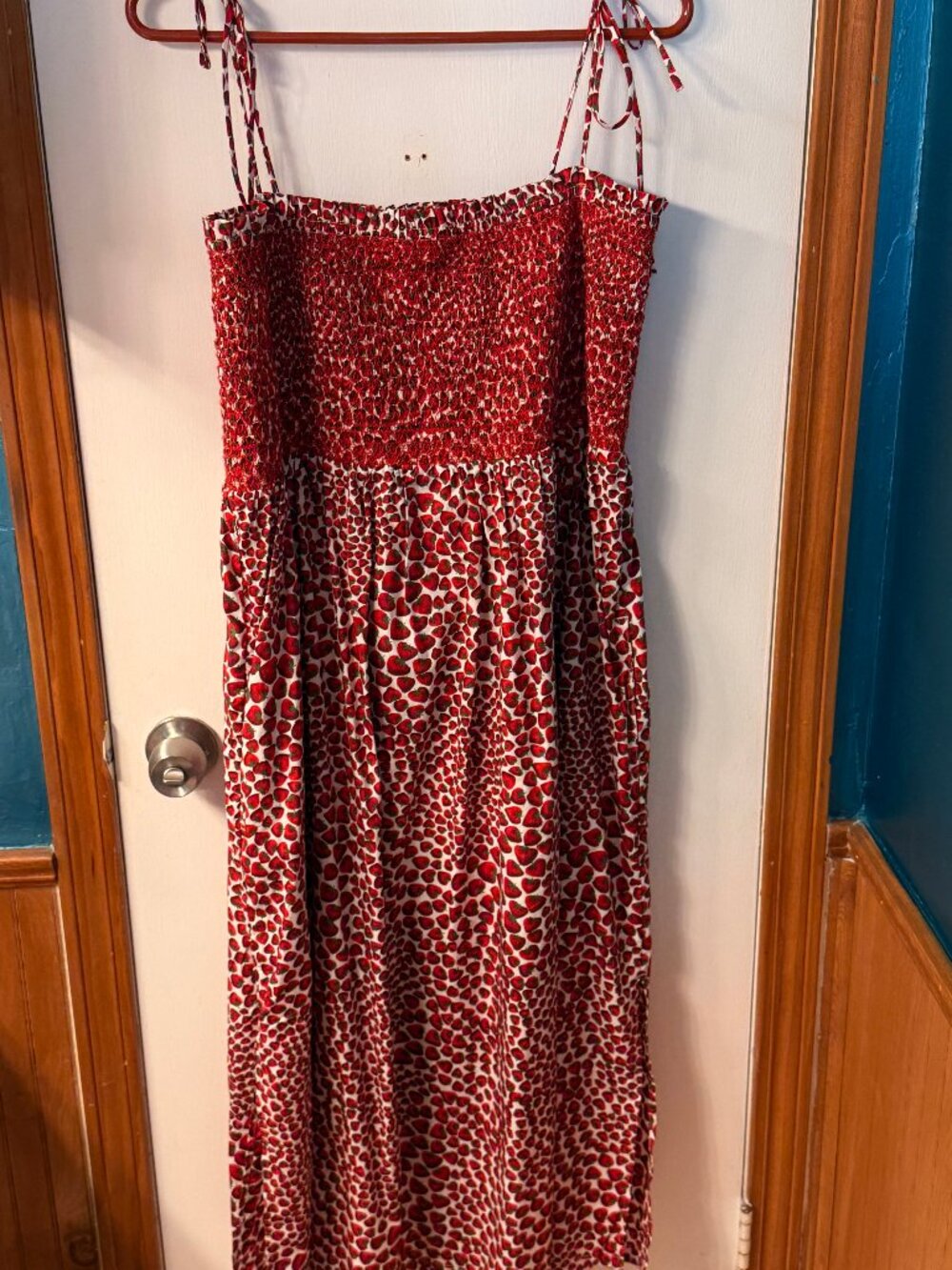 J.Crew Strawberry Print Smocked Midi Sundress Size L Tie Straps